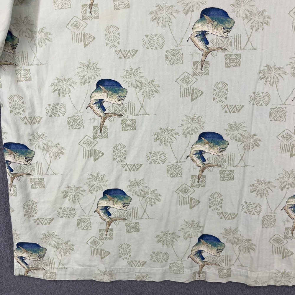 Guy Harvey Button Down Shirt Men 2X Cream Mahi Mahi Fish Tropical Cayman Islands - Picture 12 of 13